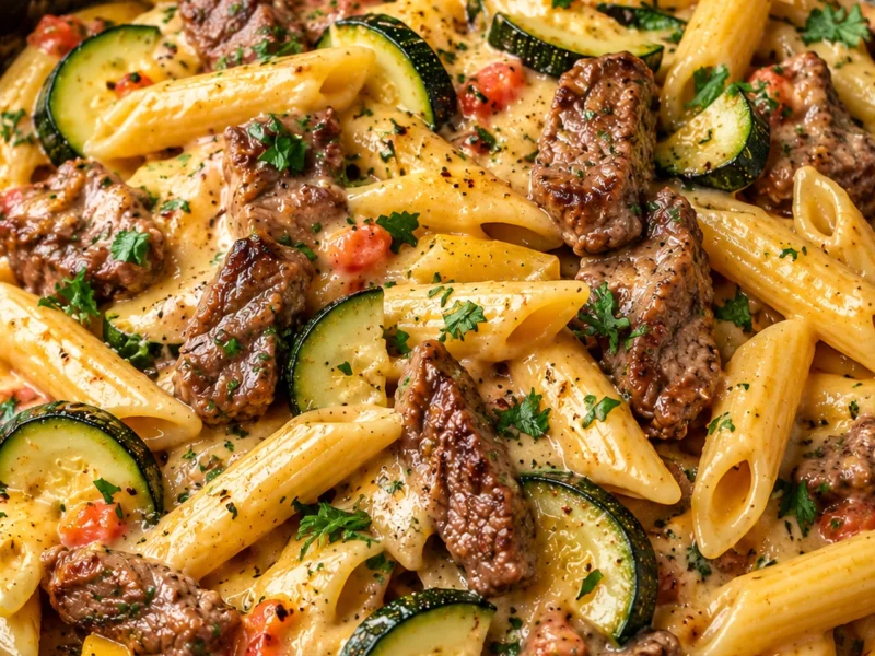 Healthy Creamy Steak Penne With Zucchini Parmesan