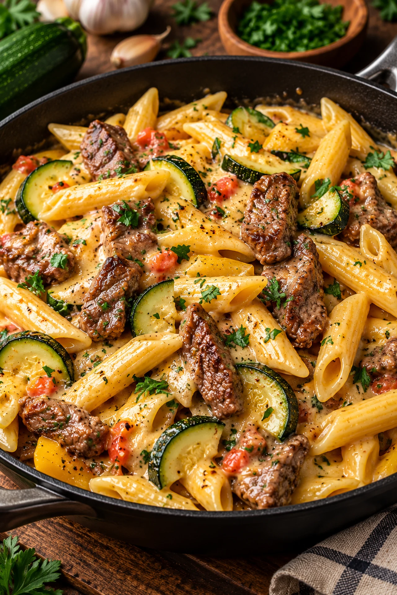 Healthy Creamy Steak Penne with Zucchini Parmesan