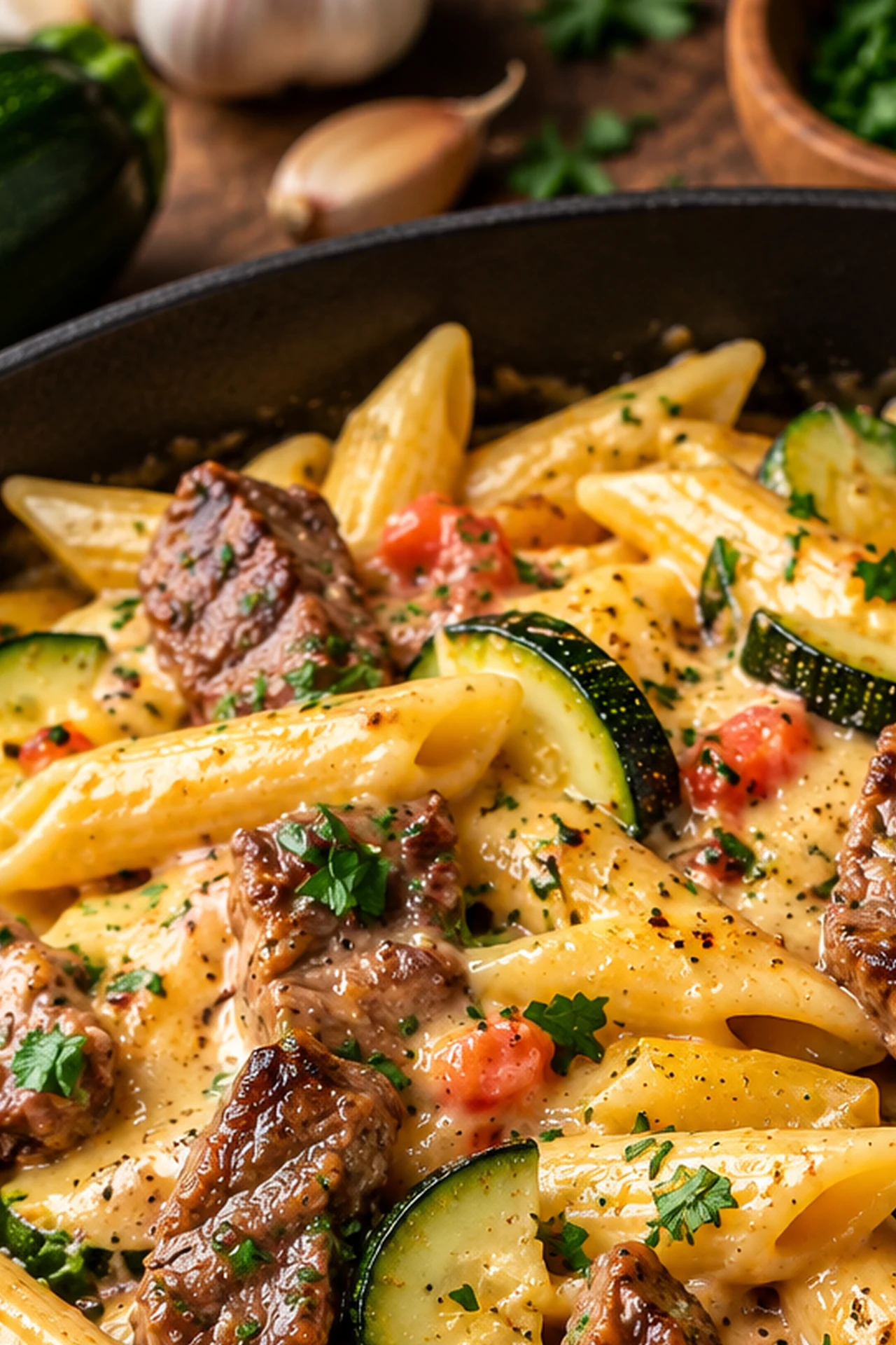 Healthy Creamy Steak Penne with Zucchini Parmesan