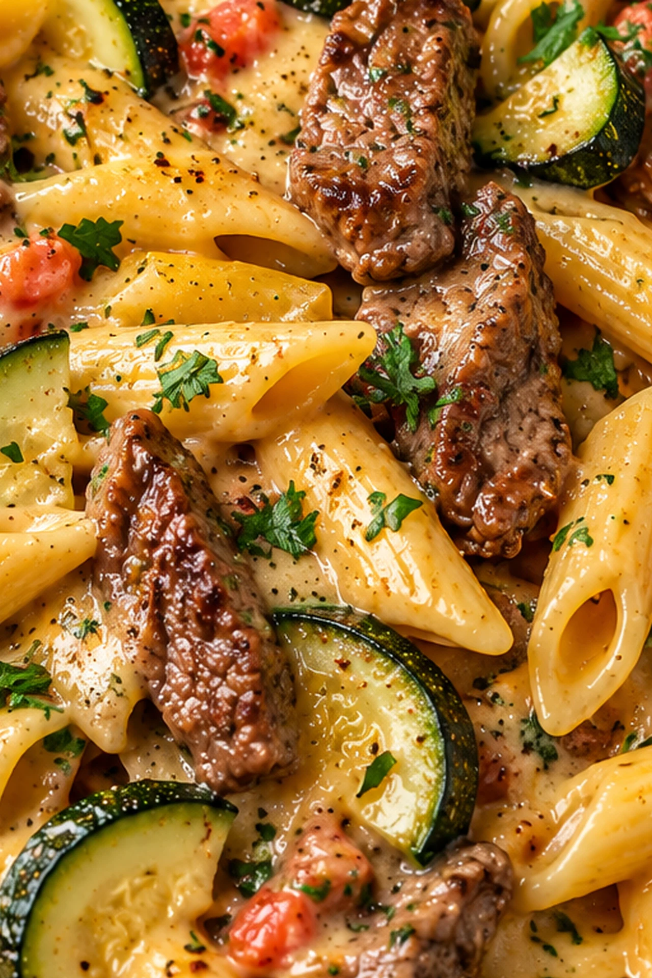 Healthy Creamy Steak Penne with Zucchini Parmesan
