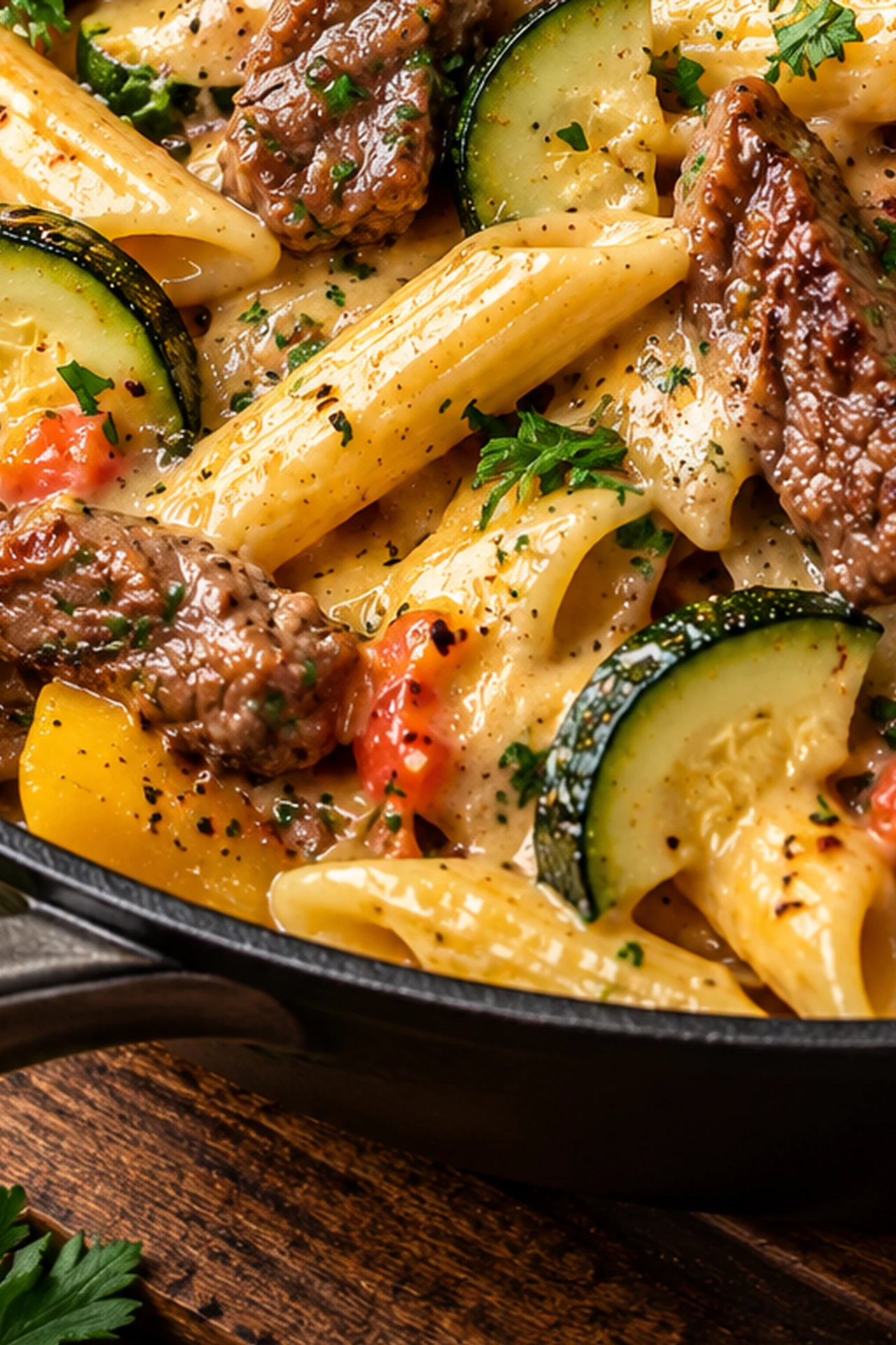 Healthy Creamy Steak Penne with Zucchini Parmesan