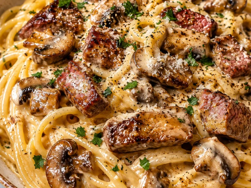 Healthy Creamy Steak Spaghetti with Mushrooms and Onions